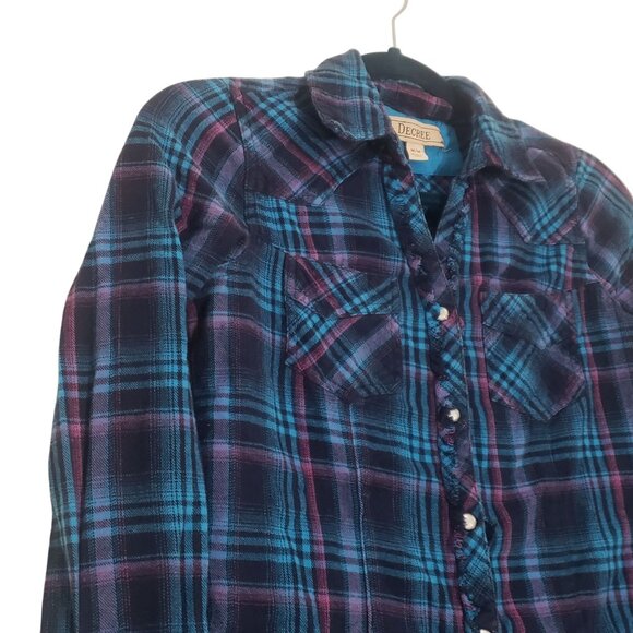Y2K Decree Plaid Snap Button Down Shirt Size M Blue Grunge Western Cowgirl Rodeo - Picture 3 of 9